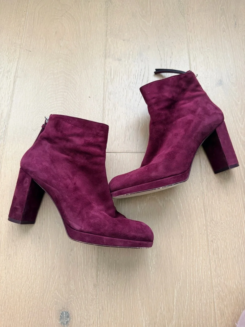 Stuart Weitzman Burgundy Suede Block Heel Ankle Booties
